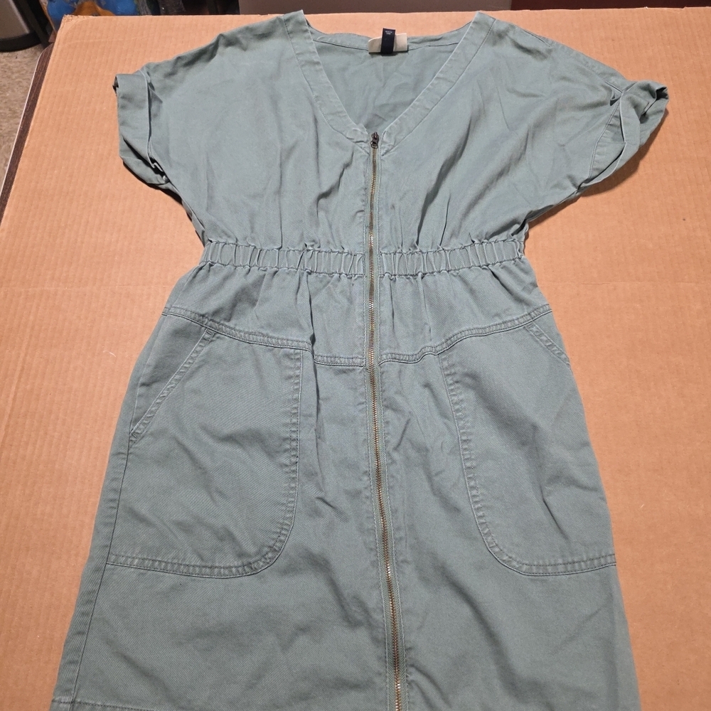 Universal Thread Women's Zip Up Short Sleeve Dress Green Cotton Size S